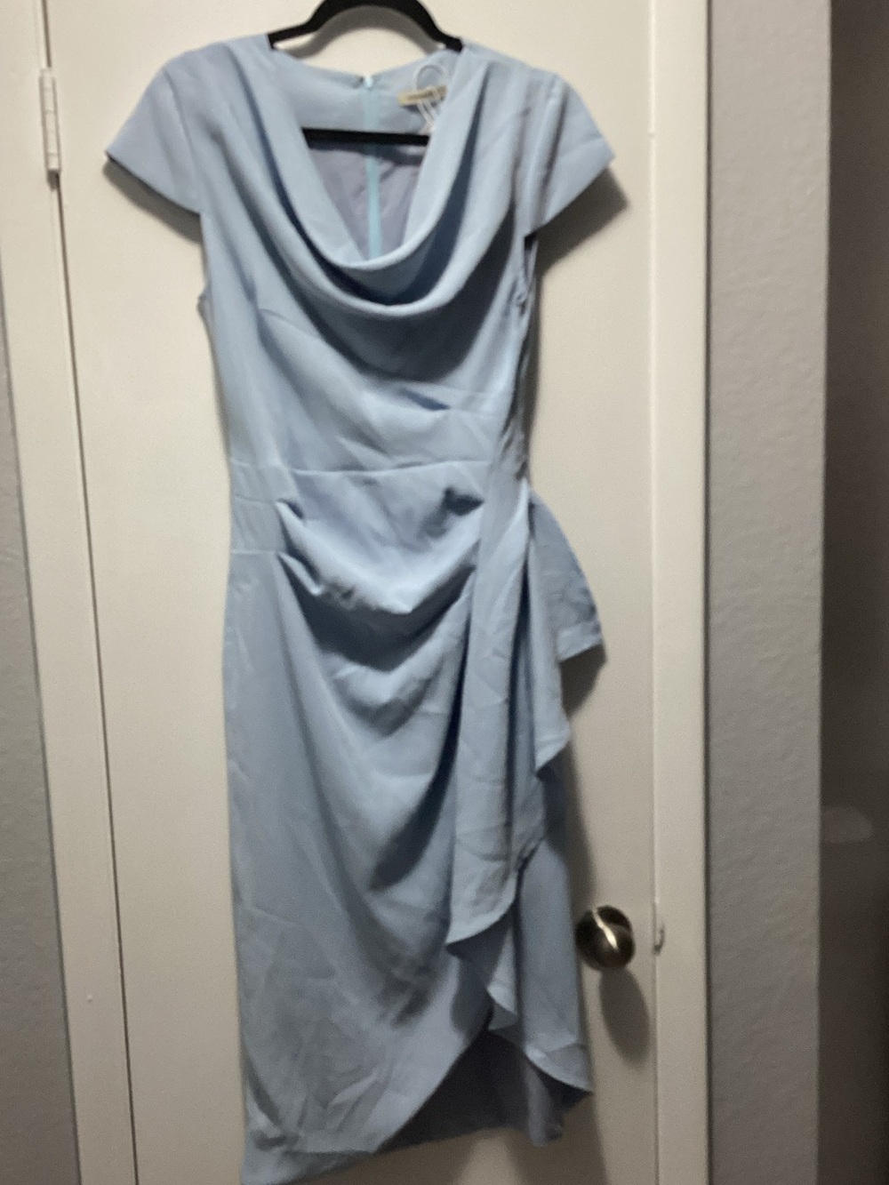 Light Blue Draped Cowl Midi Dress with Side Ruffle